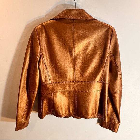 Jones New York SZ M Copper Tan Leather Metallic Sheen Lined Jacket with Pockets - Picture 5 of 9